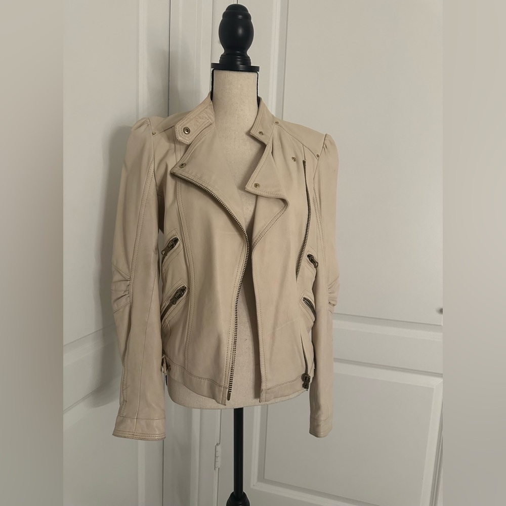 Zara Cream Leather Jacket with Gold Accents